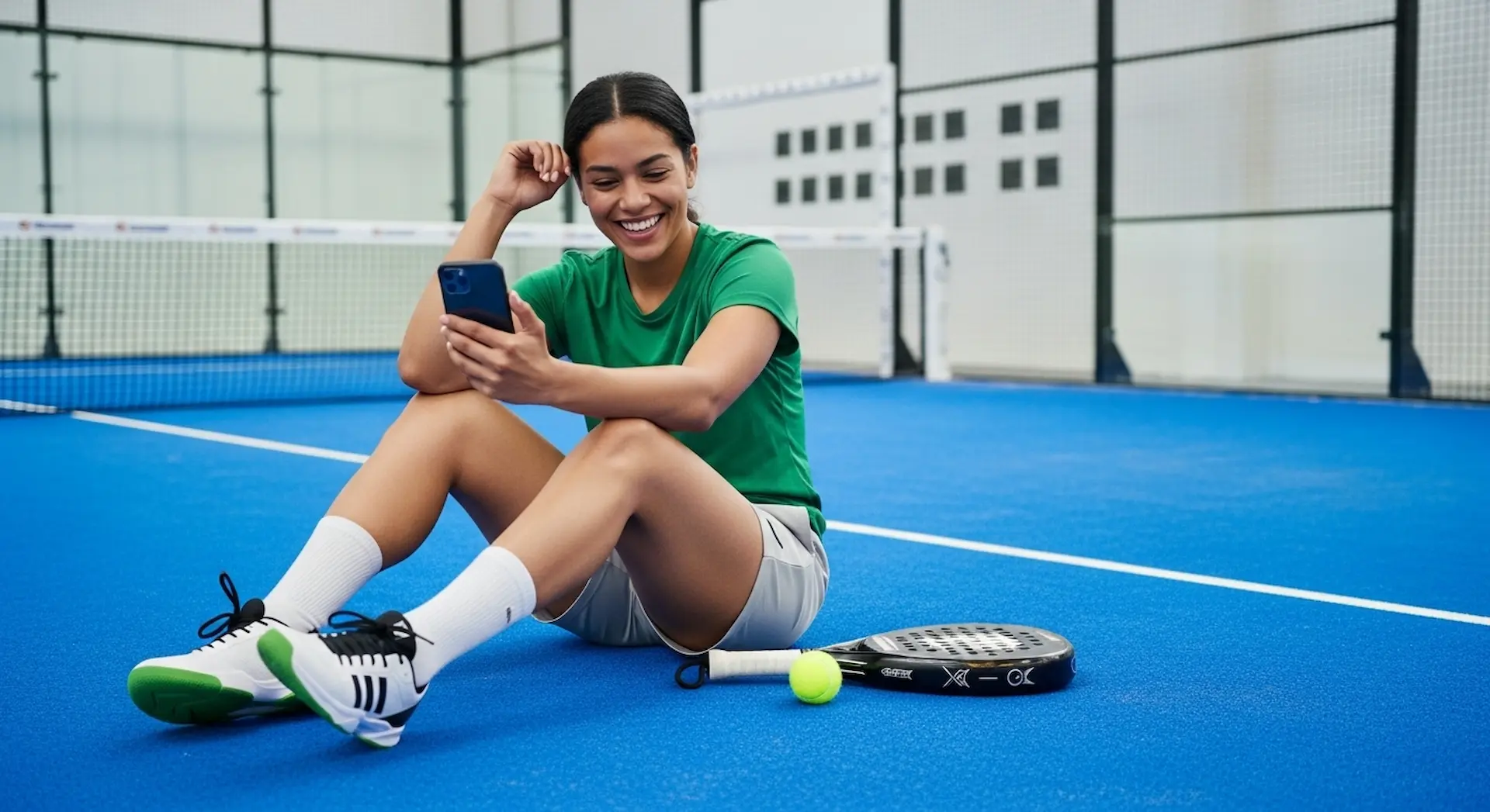 Mulher sentada praticando esportes de raquete